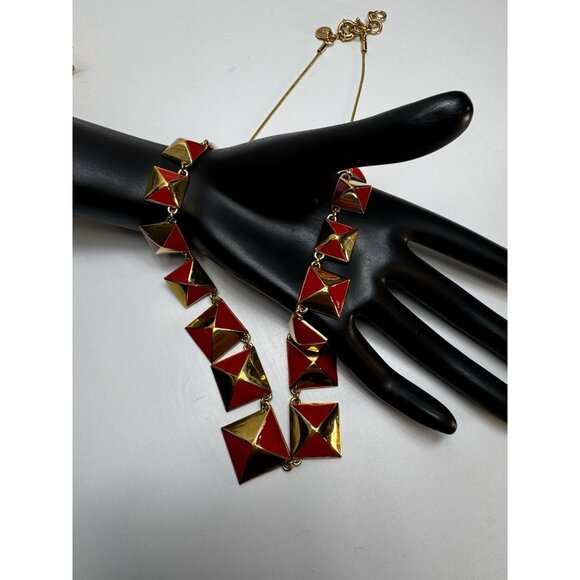 Vintage Red Gold Enamel Geometric Necklace Marc Jacobs Style Statement - Picture 7 of 7